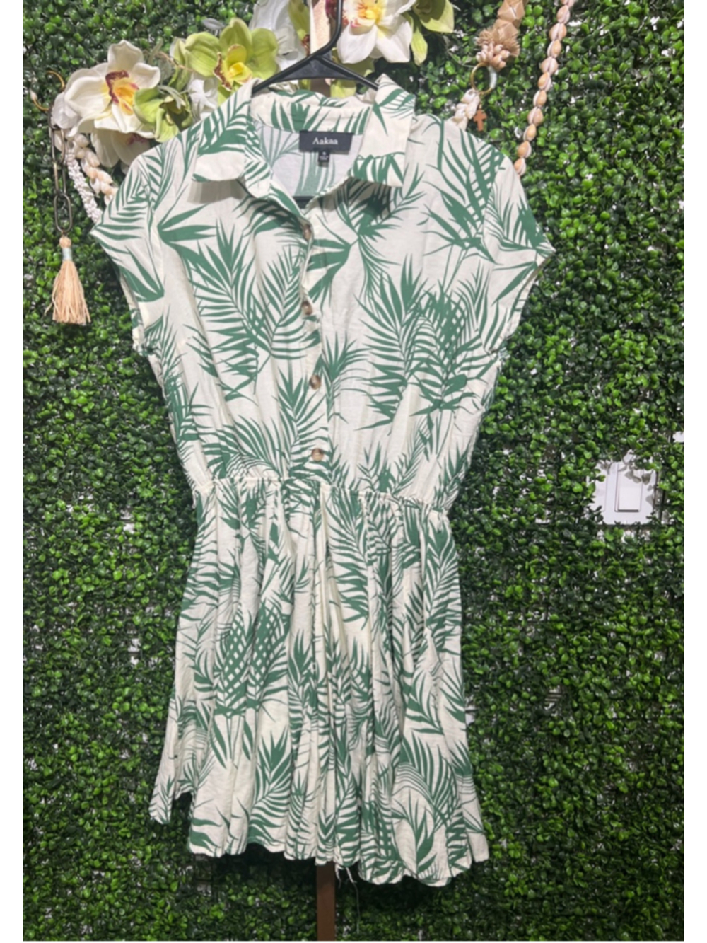 Women's Aakaa White Green Palm Print Mini Dress S - Picture 2 of 8